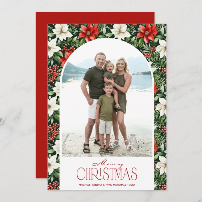 Merry Christmas Floral Photo Holiday Card (Front/Back)