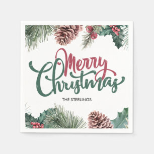Merry Christmas Floral Pine Cone Red Holly Border Napkin