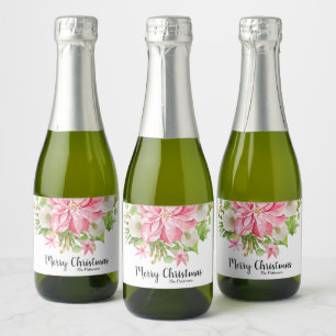 Merry Christmas Floral Poinsettia Holiday Mini Sparkling Wine Label