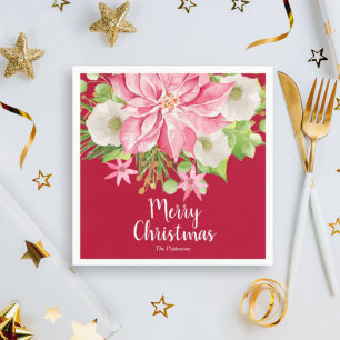 Merry Christmas Floral Poinsettia Holiday Napkin