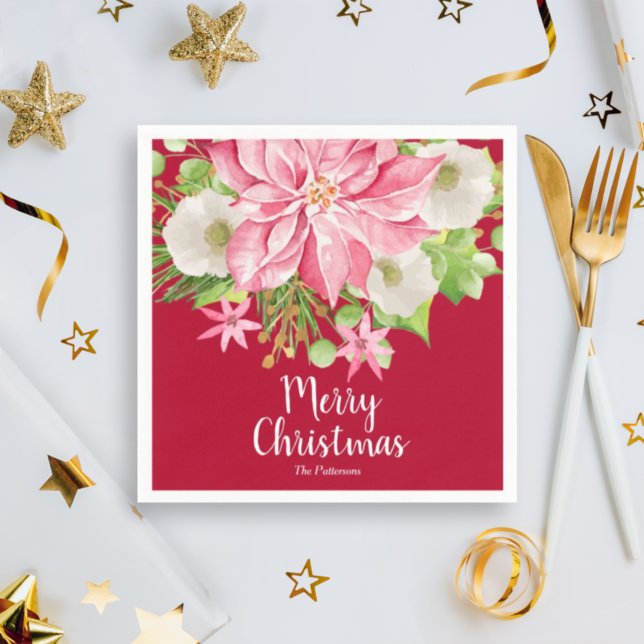Merry Christmas Floral Poinsettia Holiday Napkin (Creator Uploaded)