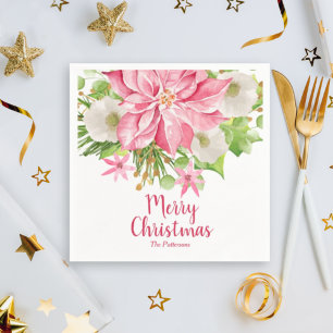 Merry Christmas Floral Poinsettia Holiday Napkin