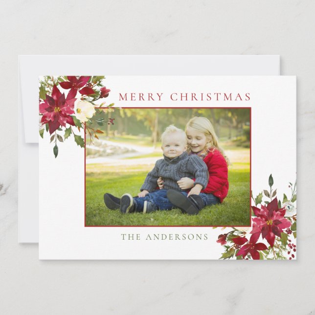 Merry Christmas Floral Watercolor Photo Holiday Card (Front)