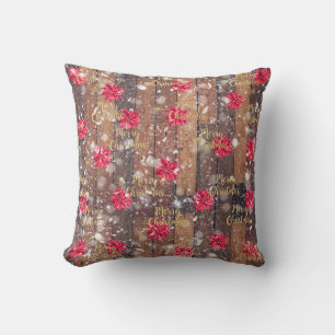 Merry Christmas Floral Wooden Planks Cushion