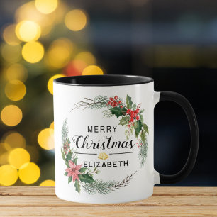Merry Christmas Floral Wreath and Script Black Mug