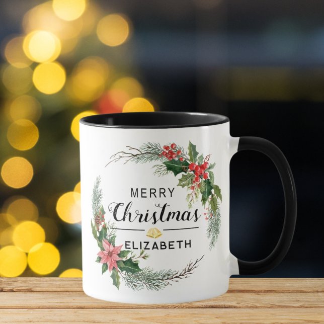 Merry Christmas Floral Wreath and Script Black Mug (Creator Uploaded)