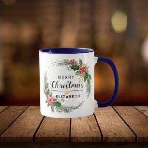 Merry Christmas Floral Wreath and Script Navy Blue Mug