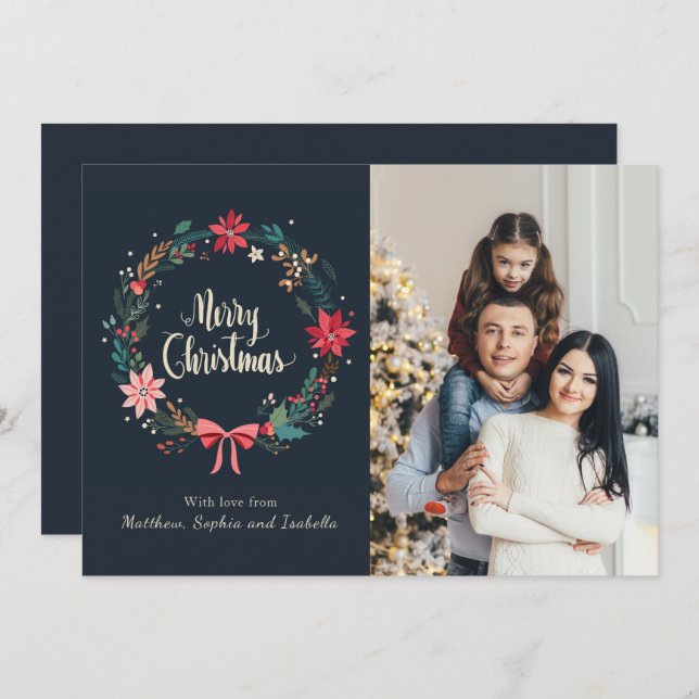 Merry Christmas Floral Wreath Personalised Photo Card (Front/Back)