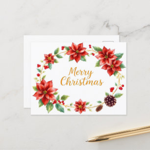 Merry Christmas Floral Wreath Postcard