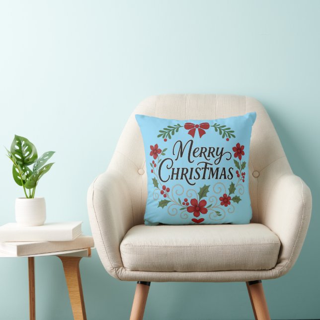 Merry Christmas Floral Wreath Throw Pillow (Chair)
