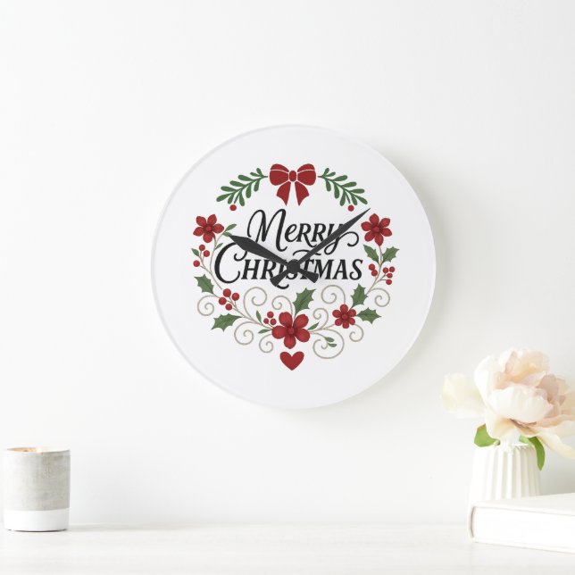 Merry Christmas Floral Wreath Wall Clock (Home)