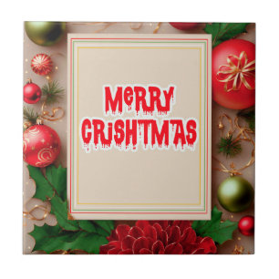 Merry Christmas Flower Wreath Ceramic Tile