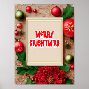 Merry Christmas Flower Wreath Poster