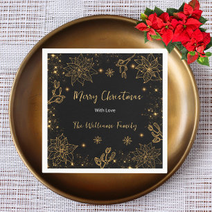 Merry Christmas Flowers and Stars Black Gold Napkin
