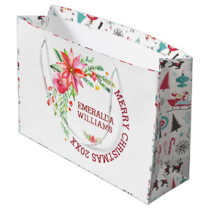 Merry Christmas Flowers Bouquet Design Large Gift Bag