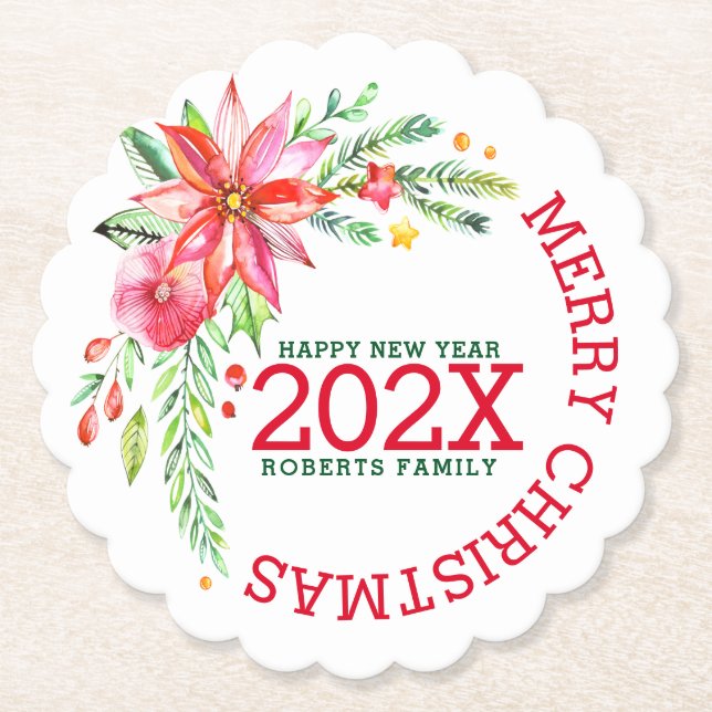 Merry Christmas Flowers Bouquet Happy New-Year Paper Coaster (Front)