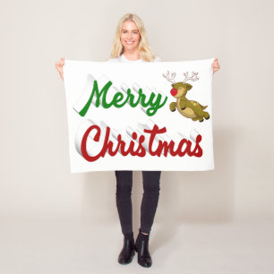 Merry Christmas Flying Reindeer red green script Fleece Blanket