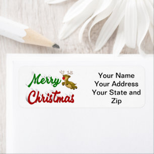 Merry Christmas Flying Reindeer red green script Return Address Label