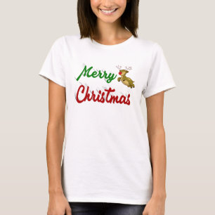 Merry Christmas Flying Reindeer red green script T-Shirt