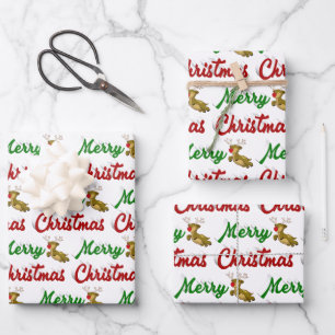Merry Christmas Flying Reindeer red green script Wrapping Paper Sheet