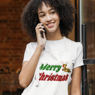 Merry Christmas Flying Reindeer typography Long Apron