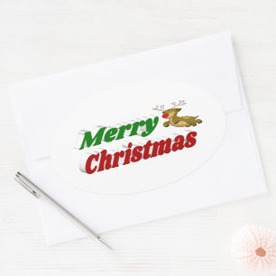 Merry Christmas Flying Reindeer typography Oval Sticker