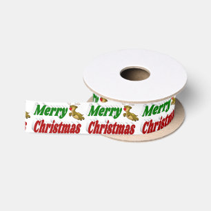 Merry Christmas Flying Reindeer typography Satin Ribbon