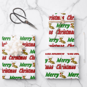 Merry Christmas Flying Reindeer typography Wrapping Paper Sheet