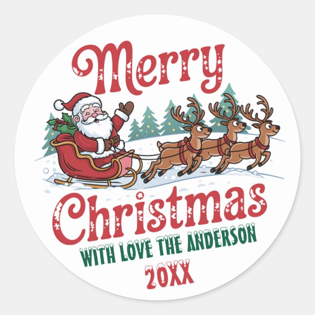Merry Christmas Flying Santa Sleigh Reindeer  Classic Round Sticker (Front)