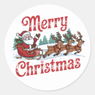 Merry Christmas Flying Santa Sleigh Reindeer  Classic Round Sticker