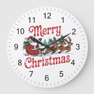Merry Christmas Flying Santa Sleigh Reindeer       Large Clock