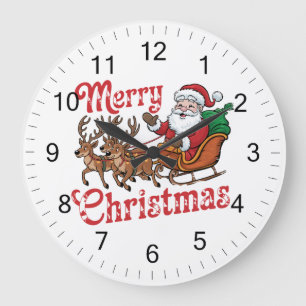 Merry Christmas Flying Santa Sleigh Reindeer       Large Clock