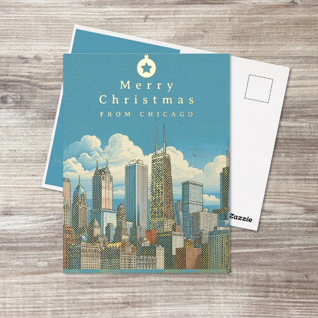 Merry Christmas Foil Post Card Chicago Skyline (Merry Christmas Chicago Skyline Foil Post Card (front and back))