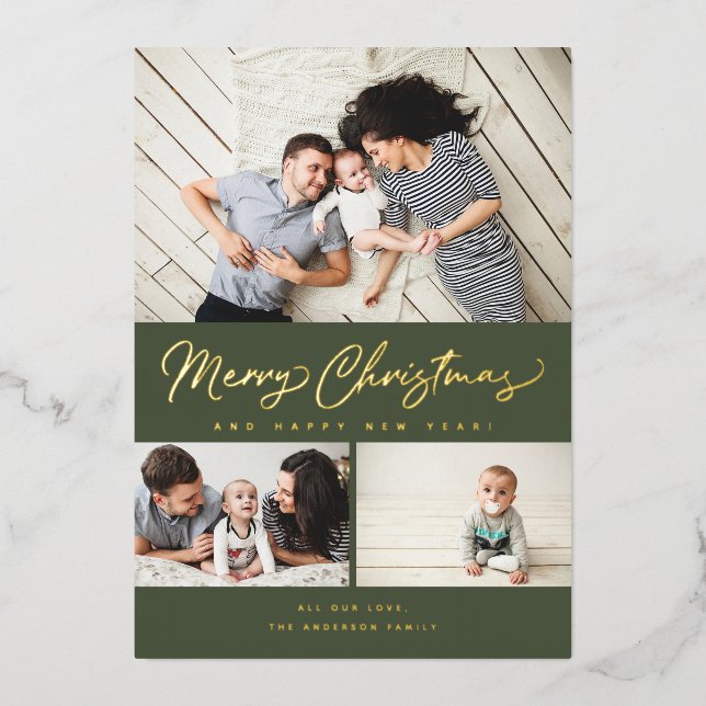 Merry Christmas Foil Script 3 Collage Multi-Photo Holiday Card (Front)