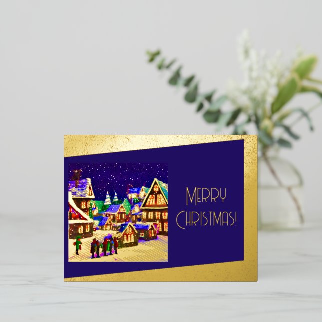 Merry Christmas Foil - village in the snow Holiday Postcard (Standing Front)