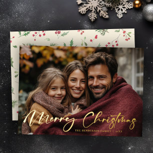 Merry Christmas Foliage Photo Foil Holiday Card