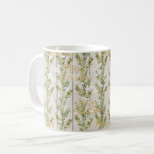 Merry Christmas Foliage Wooden Planks Coffee Mug (Front Left)