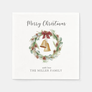 Merry Christmas Foliage Wreath with Golden Bells Napkin