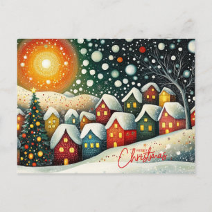 Merry Christmas Folk Art Village, Christmas Tree  Holiday Postcard
