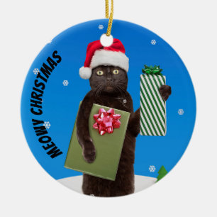 Merry Christmas For Anyone Black Cat With Gifts  Ceramic Ornament