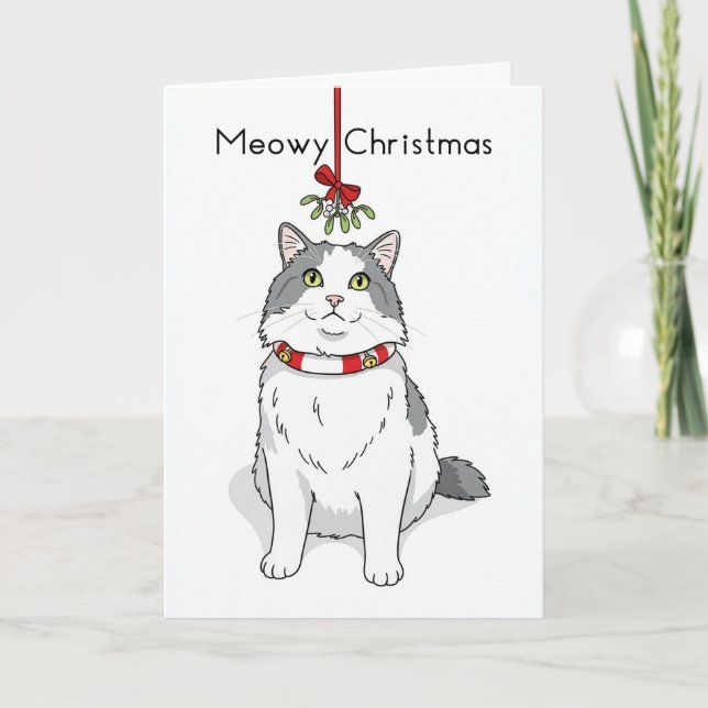 Merry Christmas For Anyone Cat Under Mistletoe  Holiday Card (Front)