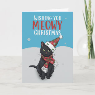 Merry Christmas For Anyone Cute Cat Snow With Hat Holiday Card