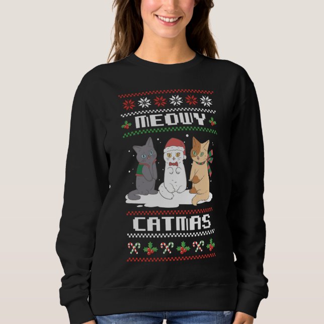 Merry Christmas for Cat Lover Cat Pajama xmas Meow Sweatshirt (Front)