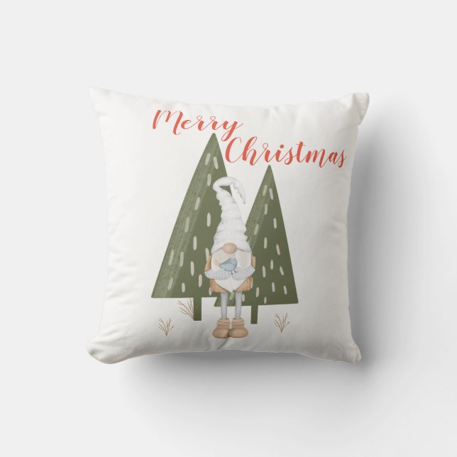 Merry Christmas Forest Gnome White Cushion (Front)