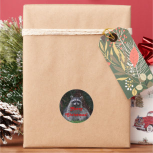 Merry Christmas Forest Racoon Photo Classic Round Sticker