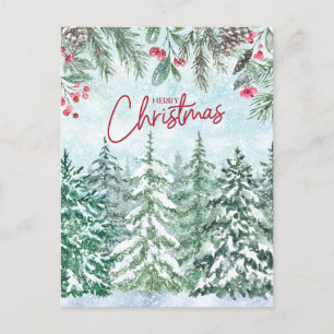 Merry Christmas Forest, Red Berries, Pinecones Holiday Postcard