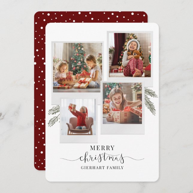 Merry Christmas Four Photo Script Botanical Holiday Card (Front/Back)