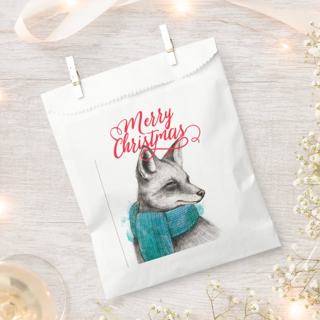 Merry Christmas Fox Drawing Favour Bag (Clipped)