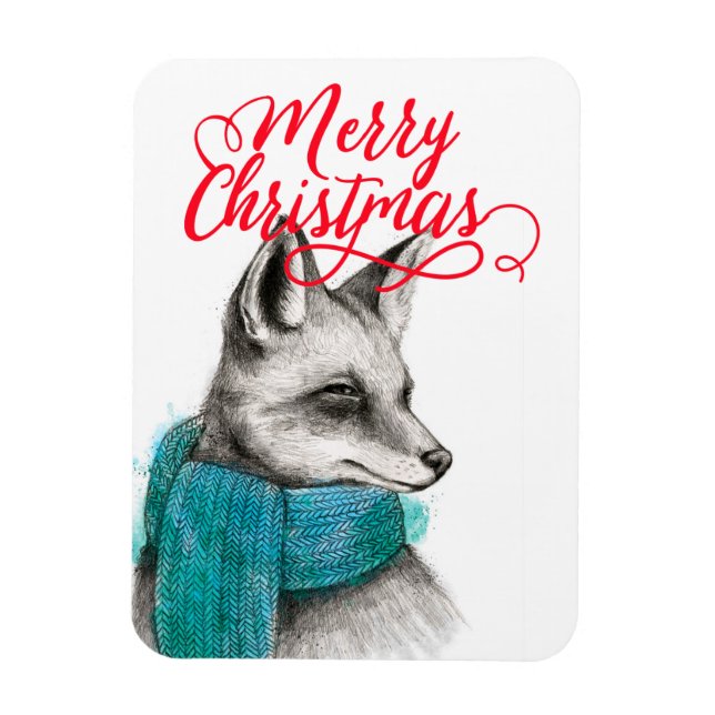Merry Christmas Fox Drawing Magnet (Vertical)