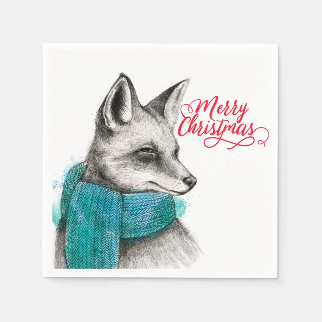 Merry Christmas Fox Drawing Napkin (Front)